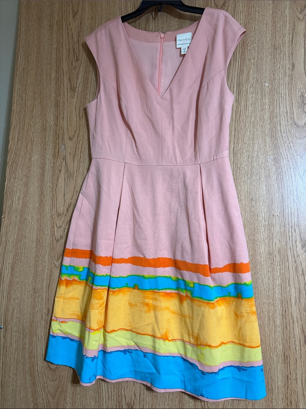 Antropologie Tracy Reese Peach color Dress with Multicolor Striped Hem